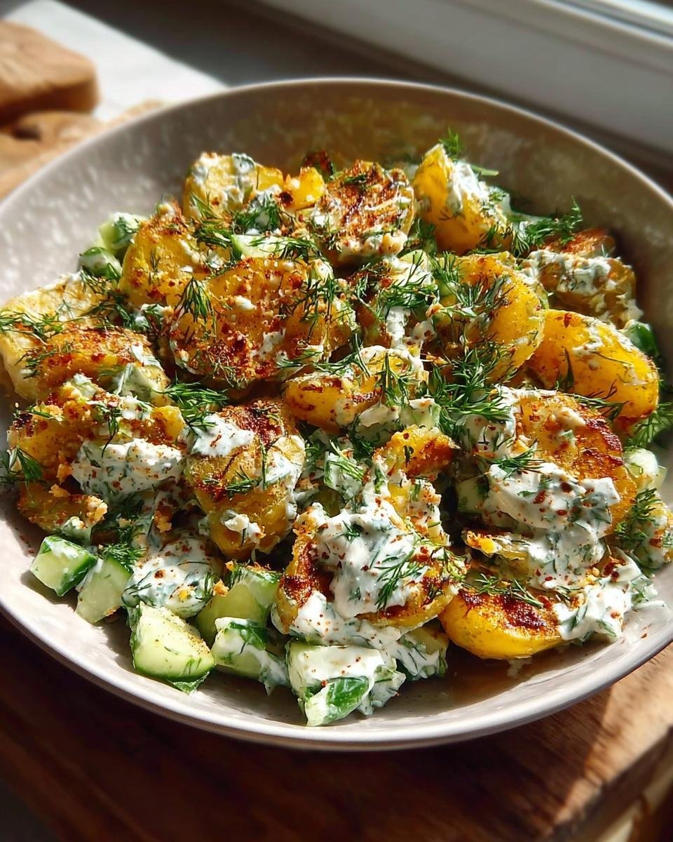 Knusprige Ofenkartoffeln mit Kräuterquark und frischen Gurkenstücken, garniert mit viel Dill.