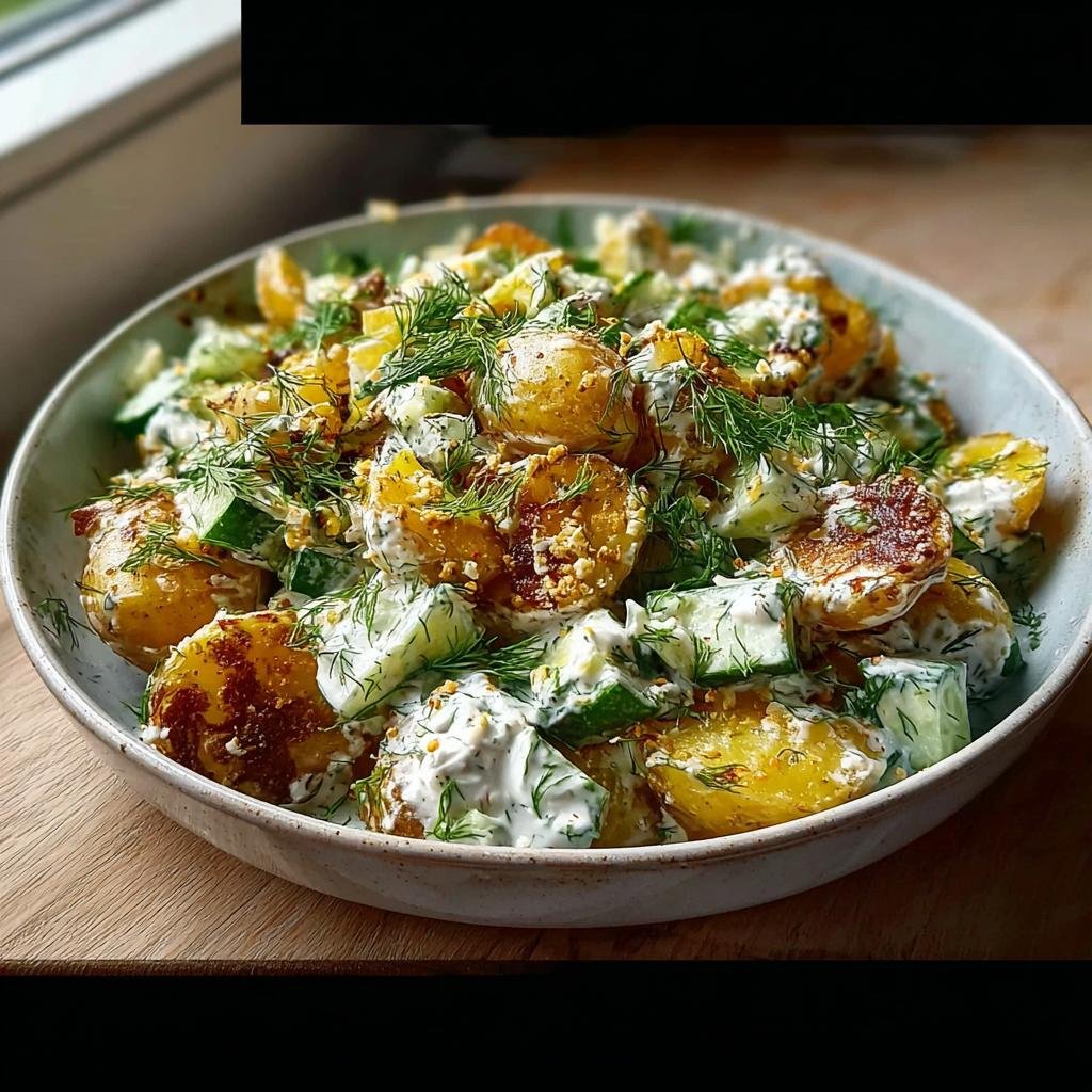 Schüssel mit Knusprige Ofenkartoffeln mit Kräuterquark und Gurkensalat, garniert mit viel frischem Dill.