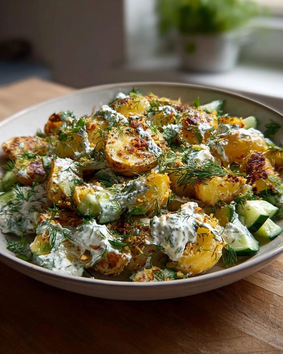 Knusprige Ofenkartoffeln mit Kräuterquark und Gurkenstücken in einer Schüssel, garniert mit viel frischem Dill.