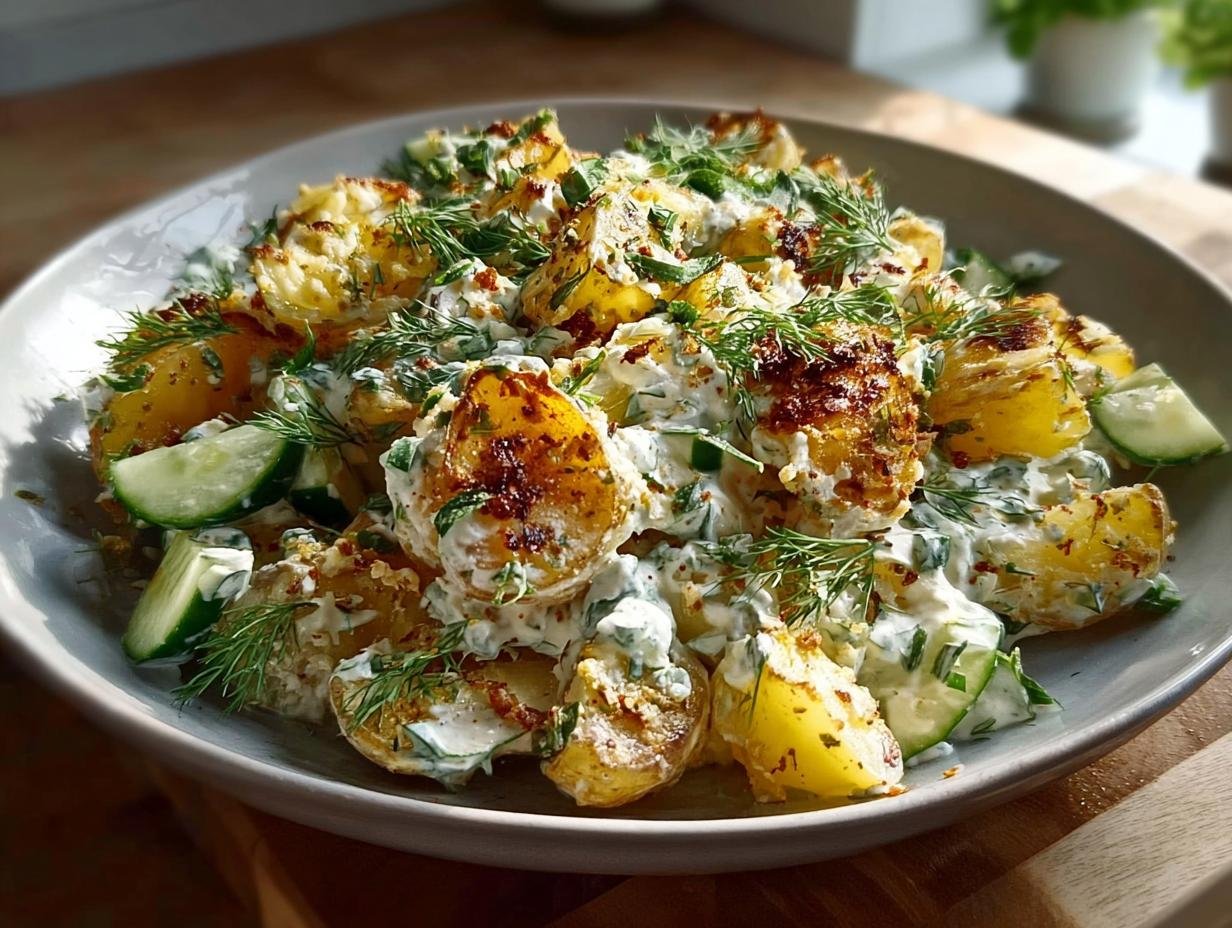 Knusprige Ofenkartoffeln mit Kräuterquark und frischem Dill und Gurkenscheiben in einer grauen Schale.