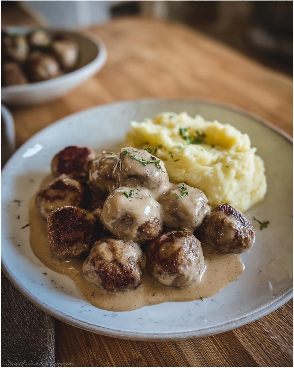 Teller mit saftigen Köttbullar mit Rahmsauce und cremigem Kartoffelpüree, serviert als Köttbullar mit Rahmsauce & Kartoffeln.
