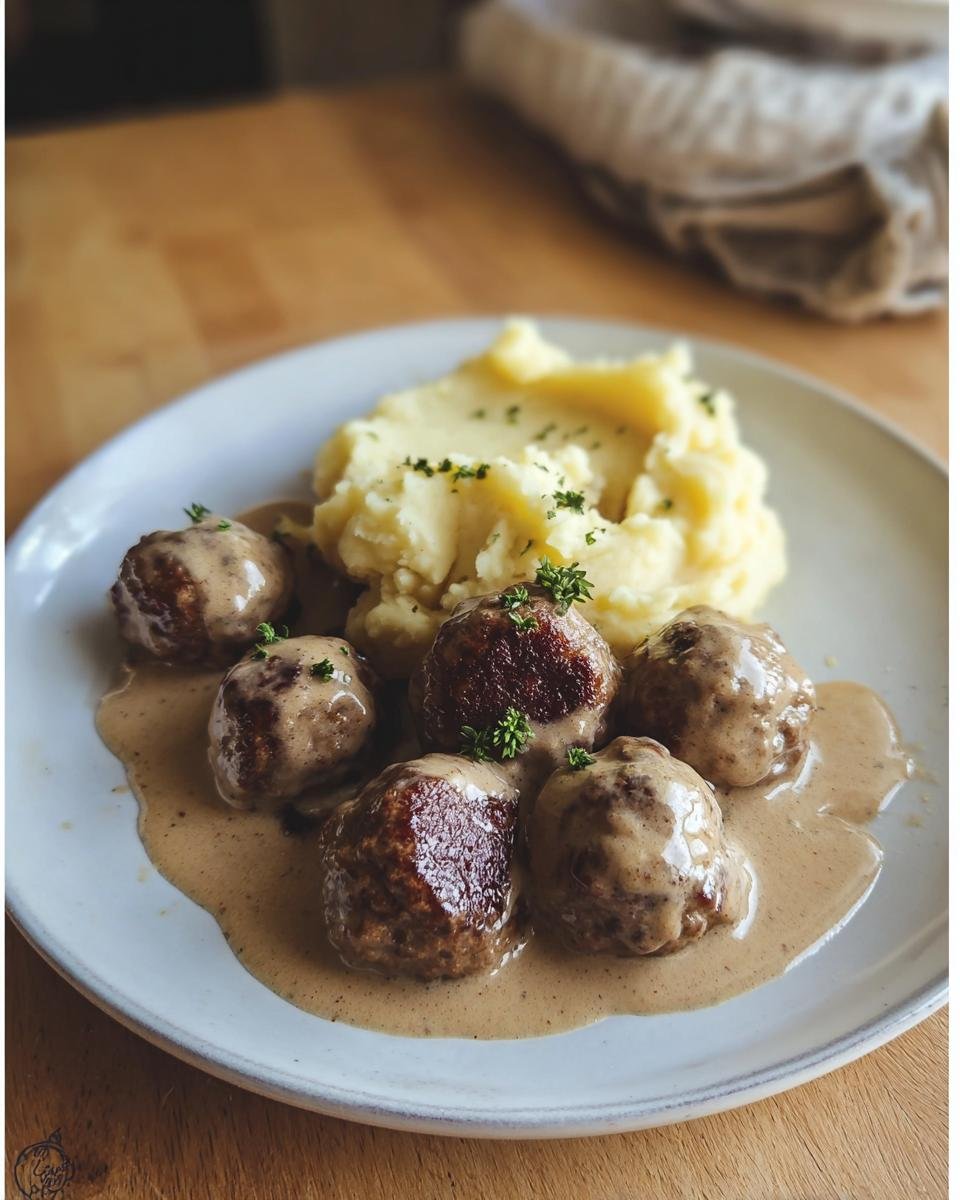 Fünf saftige Köttbullar in cremiger Rahmsauce serviert mit Kartoffelpüree, garniert mit Kräutern.