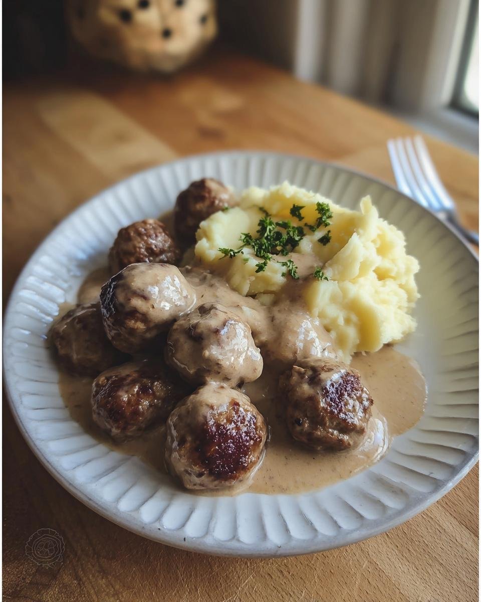 Teller mit Köttbullar mit Rahmsauce und cremigem Kartoffelpüree, garniert mit Petersilie.