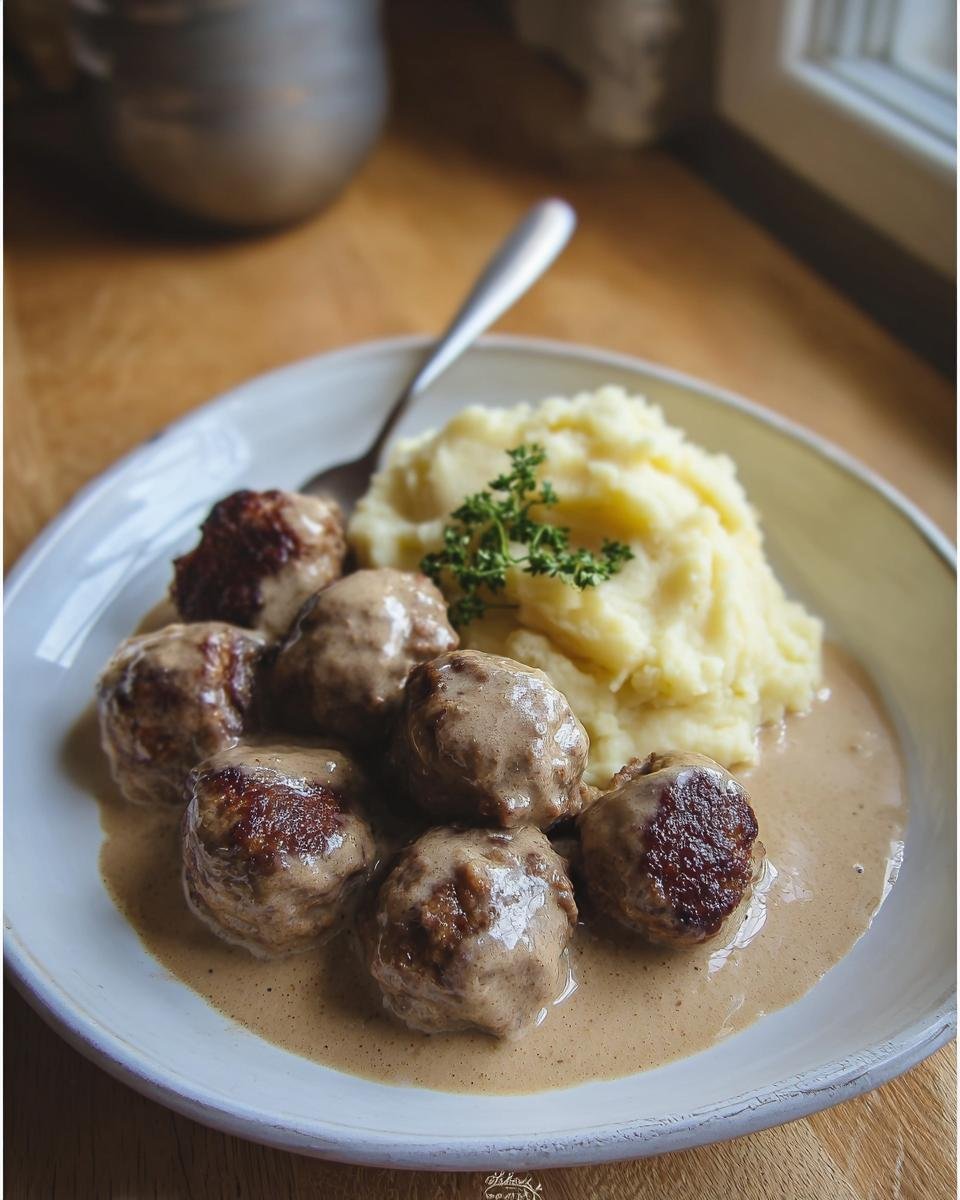 Teller mit Köttbullar mit Rahmsauce und cremigem Kartoffelpüree, garniert mit Petersilie.