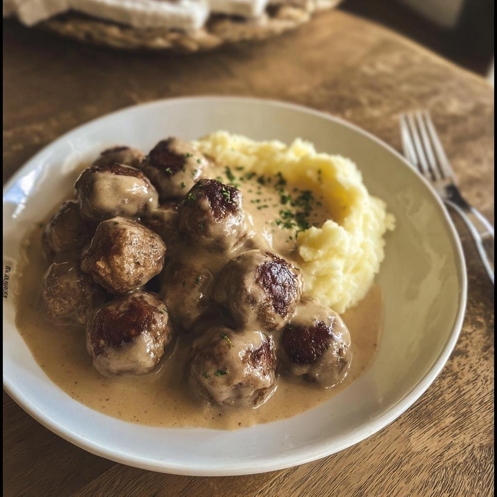Teller mit saftigen Köttbullar in cremiger Rahmsauce und einem Klecks Kartoffelpüree, garniert mit Petersilie.