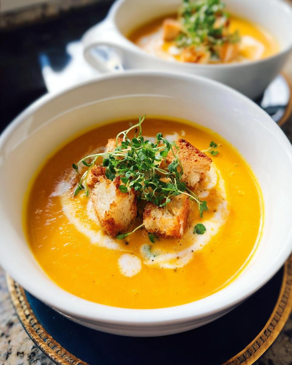 Nahaufnahme einer leuchtend orangefarbenen Kürbis-Kokos-Suppe mit Ingwer, garniert mit Croutons und Sprossen.