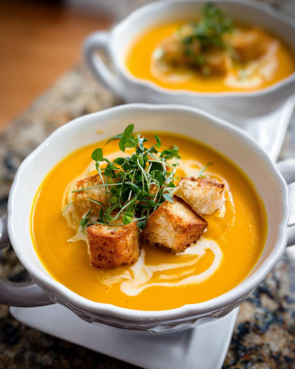 Nahaufnahme einer cremigen Kürbis-Kokos-Suppe mit Ingwer, garniert mit Croutons und Sprossen.
