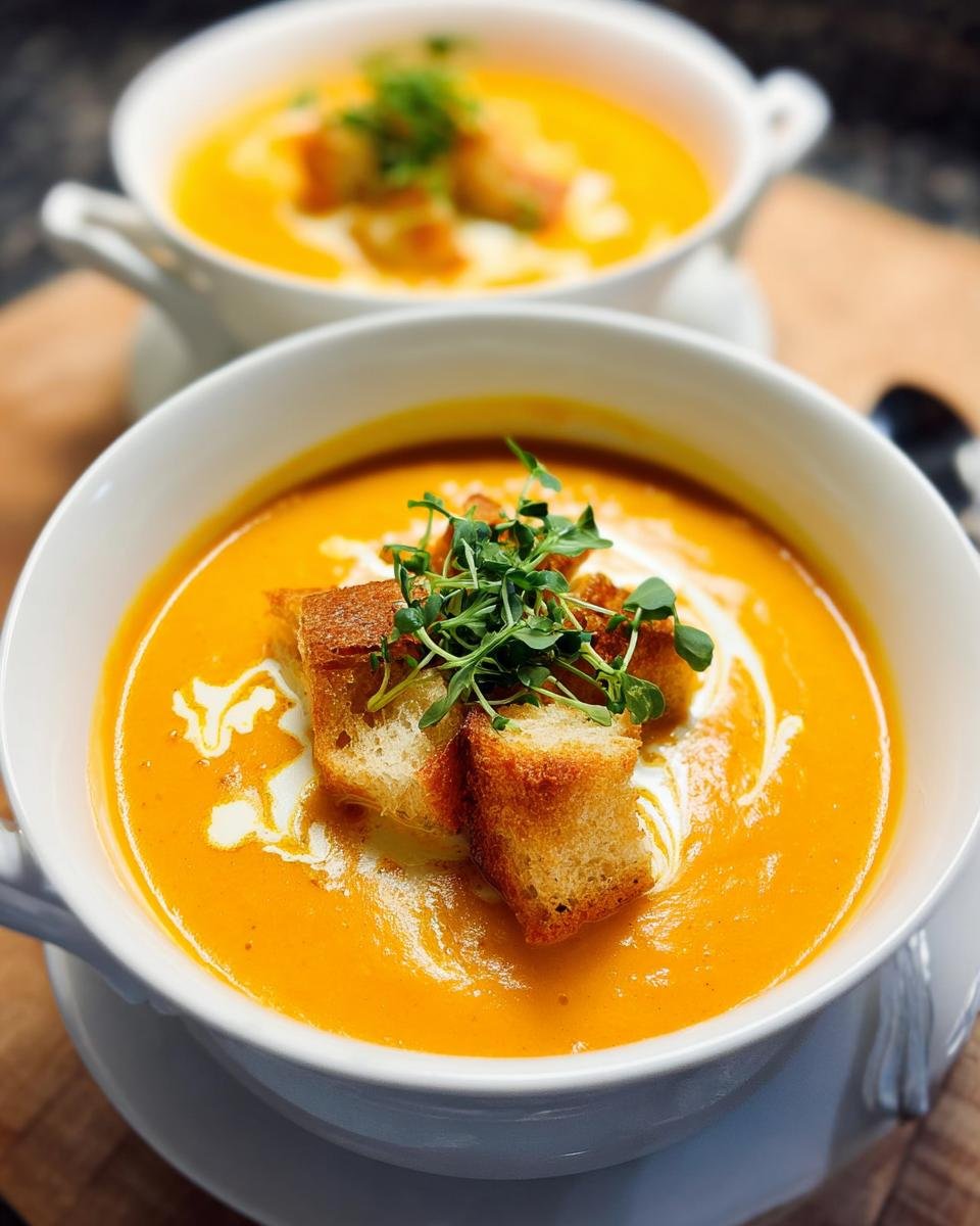 Nahaufnahme einer cremigen Kürbis-Kokos-Suppe mit Ingwer, garniert mit Croutons und Sprossen.