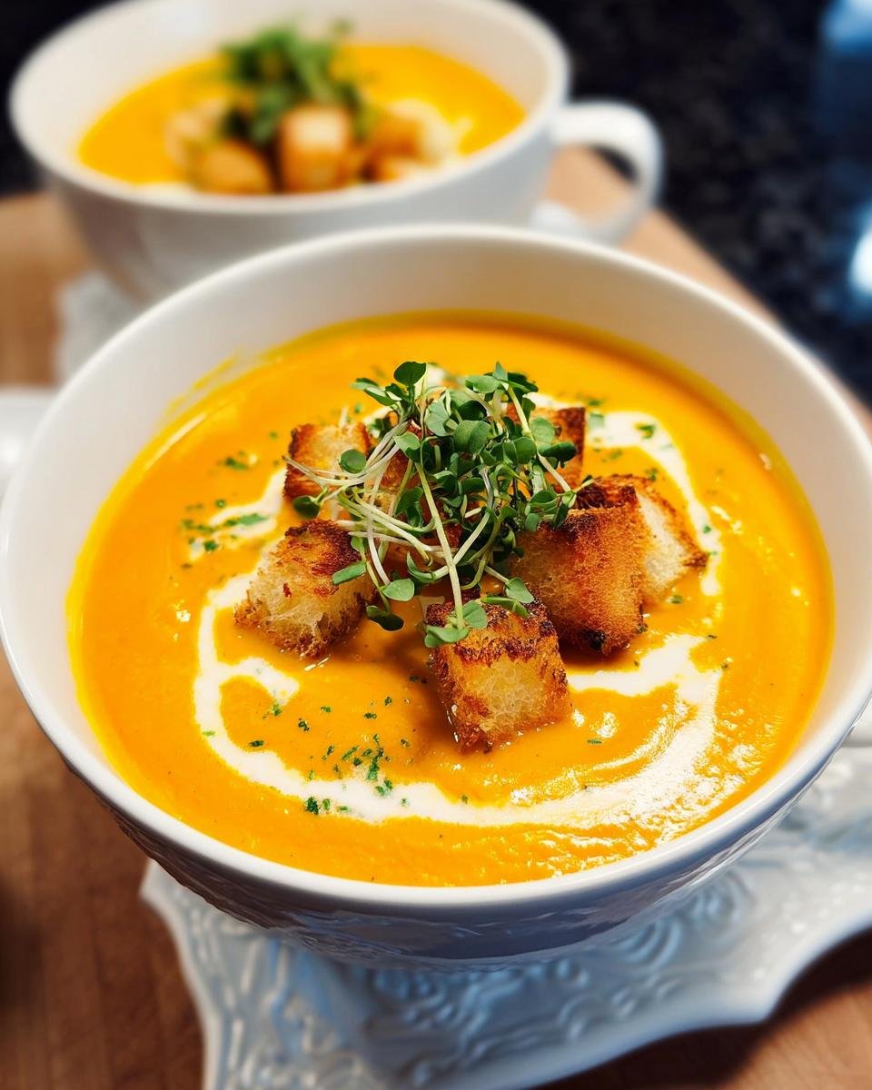 Nahaufnahme einer leuchtend orangen Kürbis-Kokos-Suppe mit Ingwer, garniert mit Croutons und Sprossen.
