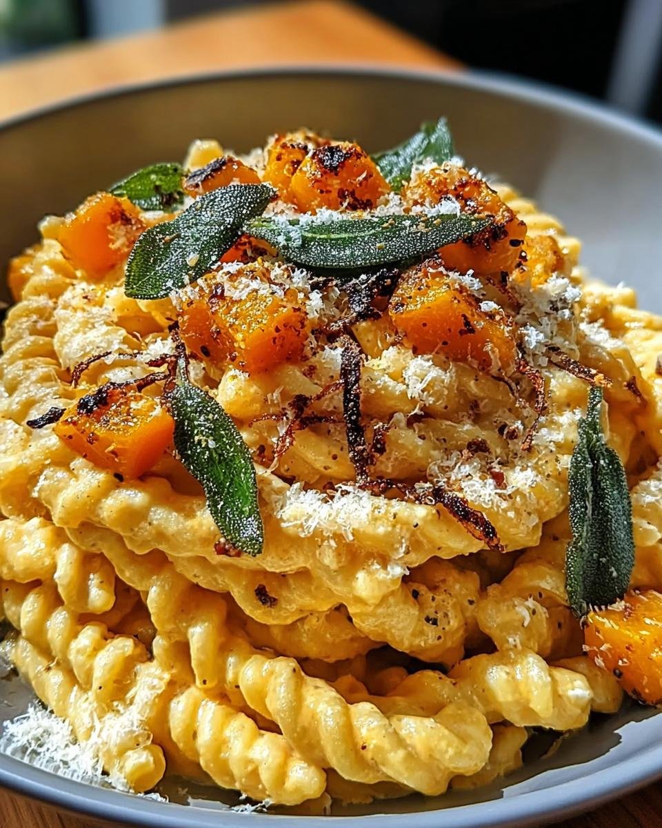 Nahaufnahme von cremiger Kürbis-Pasta mit gerösteten Kürbiswürfeln, Salbeiblättern und Parmesan.