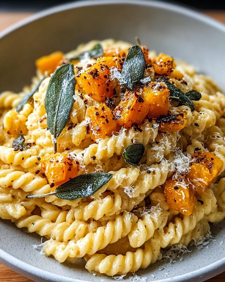 Nahaufnahme von cremiger Kürbis-Pasta mit Salbei und geriebenem Parmesan.