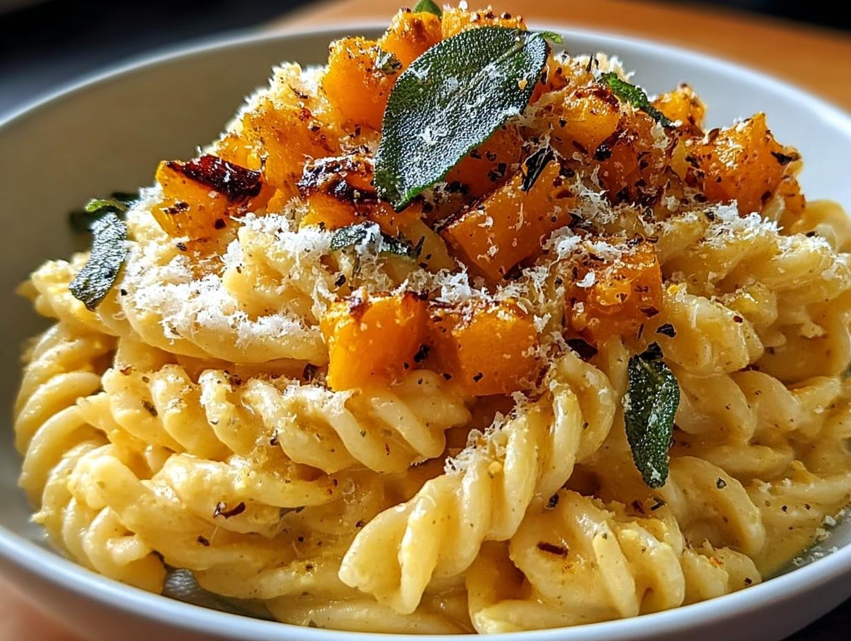 Nahaufnahme von Kürbis-Pasta mit Salbei & Parmesan, garniert mit geröstetem Kürbis und geriebenem Käse.