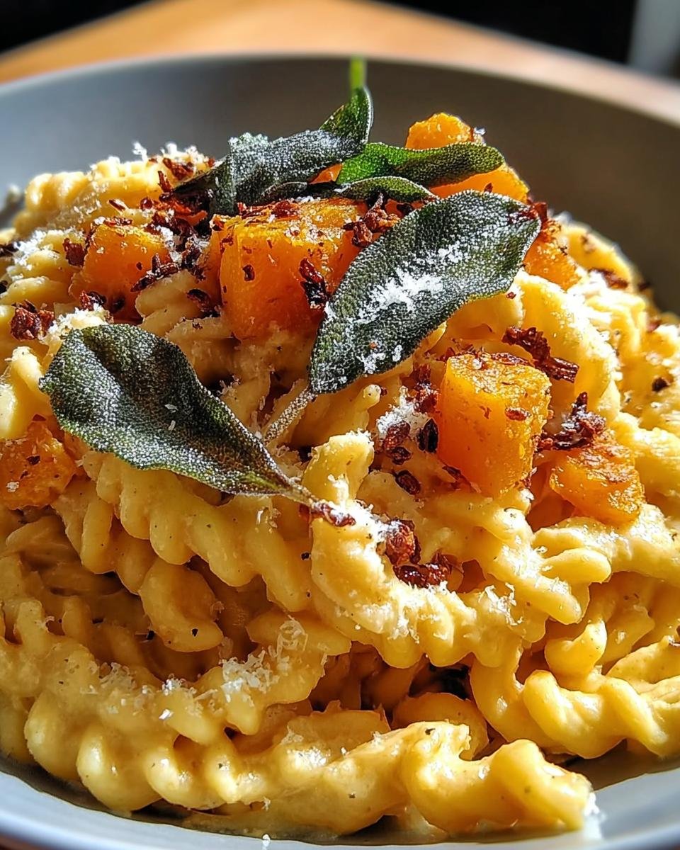 Nahaufnahme von cremiger Kürbis-Pasta mit gewürfeltem Kürbis, knusprigem Salbei und Parmesan.