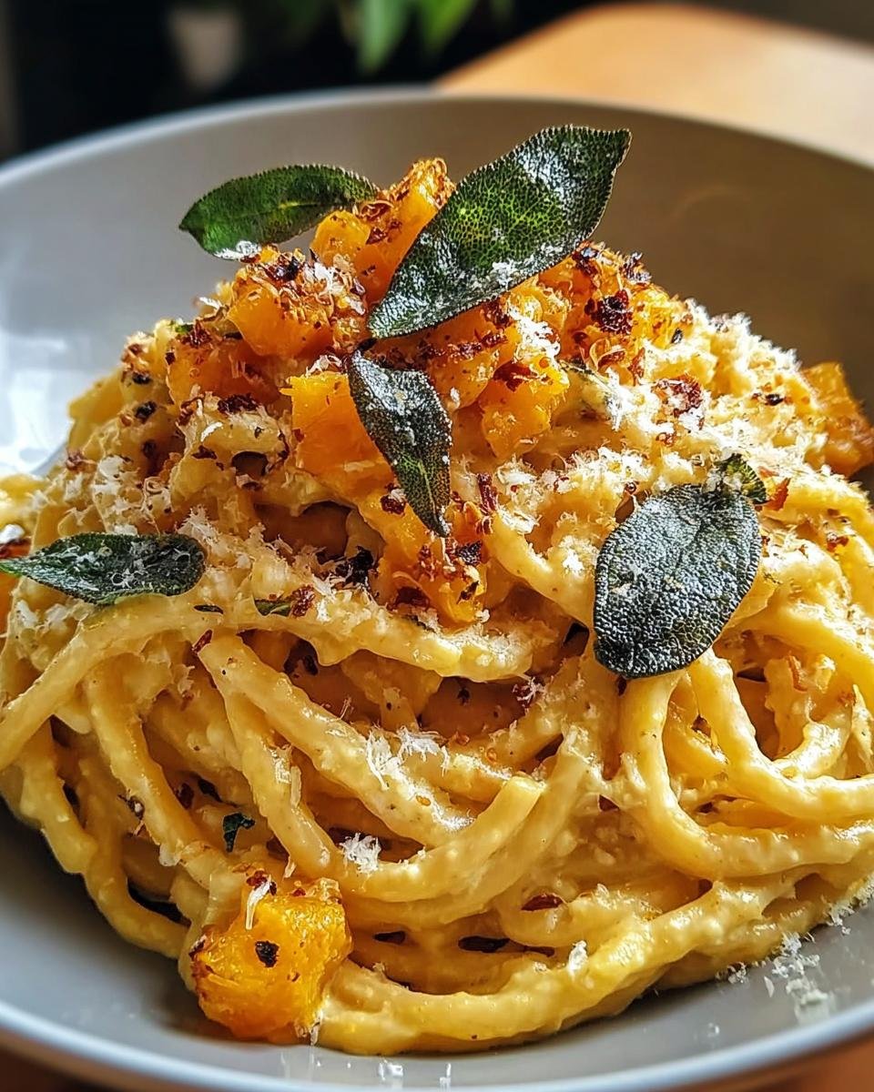 Nahaufnahme von cremiger Kürbis-Pasta mit Salbei und geriebenem Parmesan.