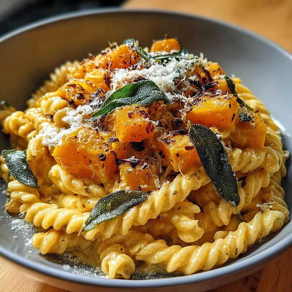 Nahaufnahme von cremiger Kürbis-Pasta (Fusilli) mit gerösteten Kürbiswürfeln, frischem Salbei und Parmesan.