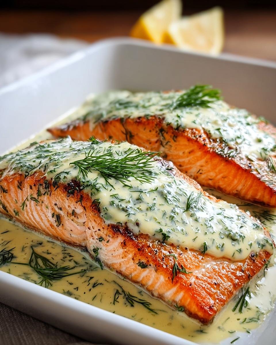 Zwei saftige Stücke Lachs aus dem Ofen mit cremiger Zitronen-Dill-Sauce und frischem Dill.