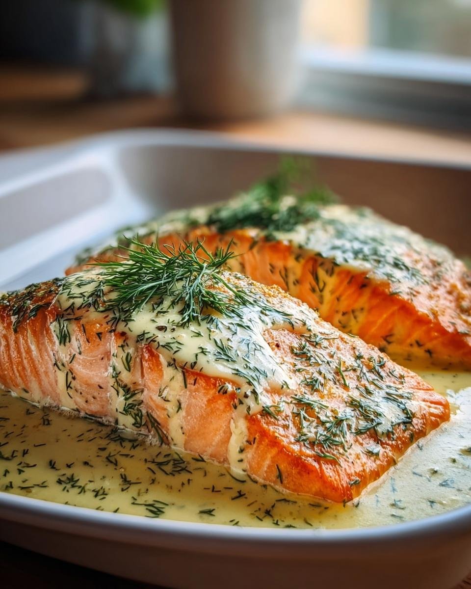 Zwei saftige Stücke Lachs aus dem Ofen mit cremiger Zitronen-Dill-Sauce und frischem Dill.