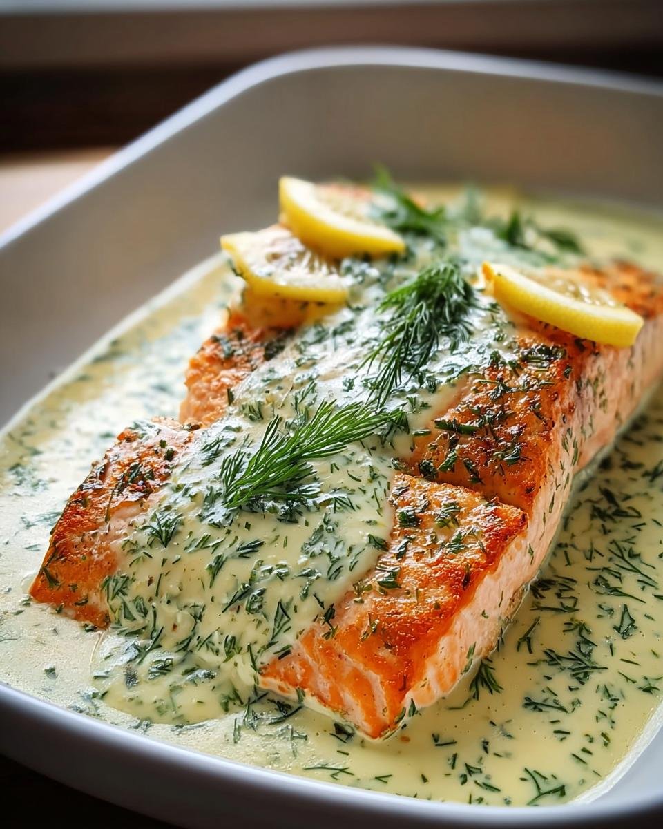 Gebackenes Lachsfilet übergossen mit cremiger Zitronen-Dill-Sauce, garniert mit Zitronenscheiben.