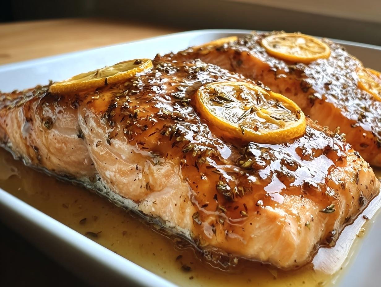 Zwei saftige Lachsfilets mit glänzender Honig-Senf-Glasur und Zitronenscheiben, bereit zum Servieren.