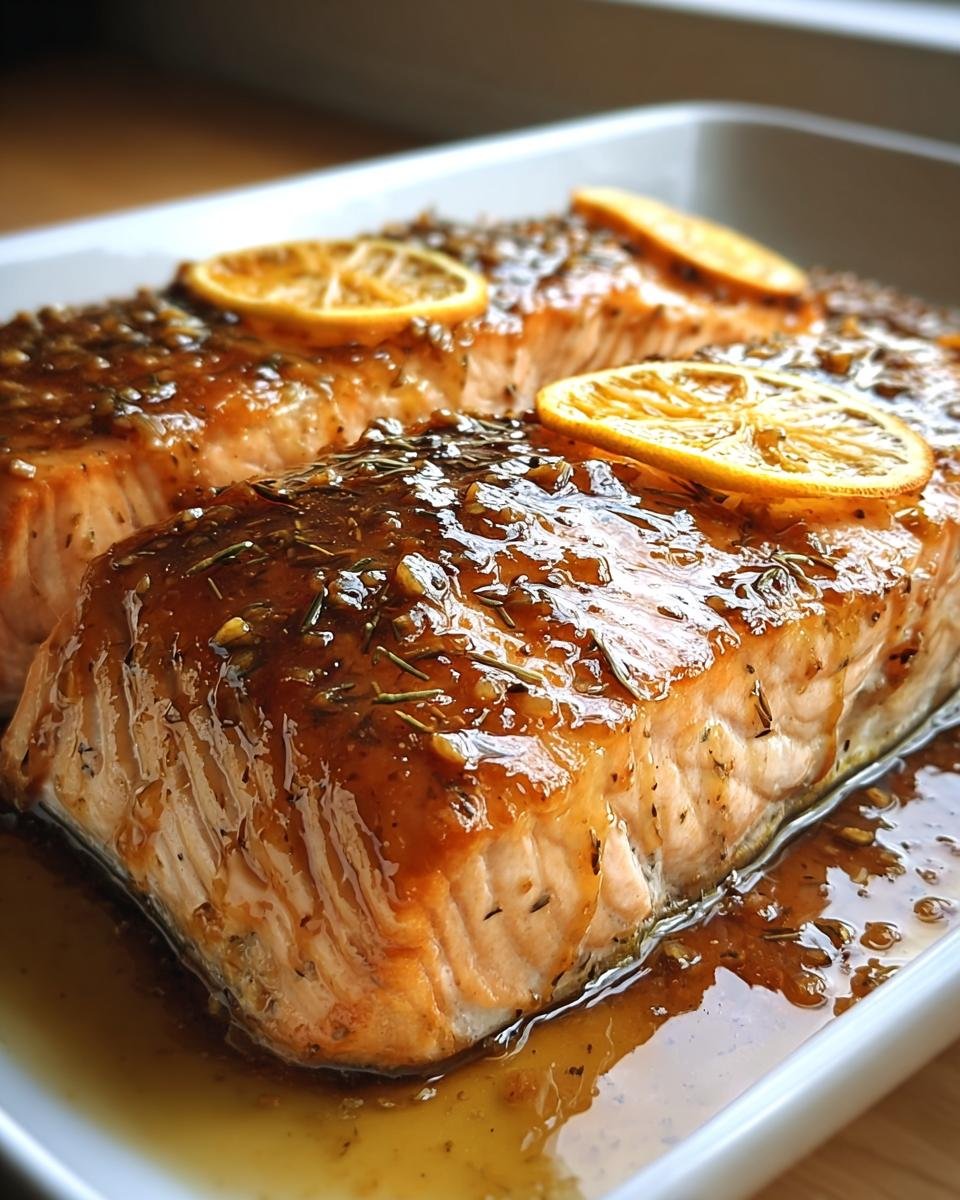 Zwei saftige Lachsfilets mit glänzender Honig-Senf-Glasur und Zitronenscheiben, bereit zum Servieren.