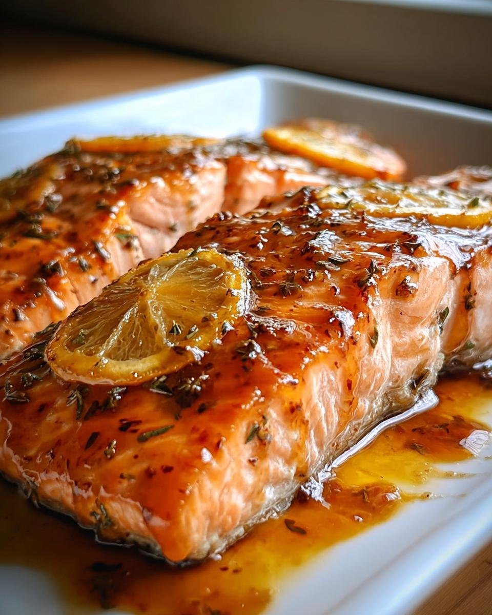 Zwei Stücke Lachs mit Honig-Senf-Glasur aus dem Ofen, belegt mit Zitronenscheiben.