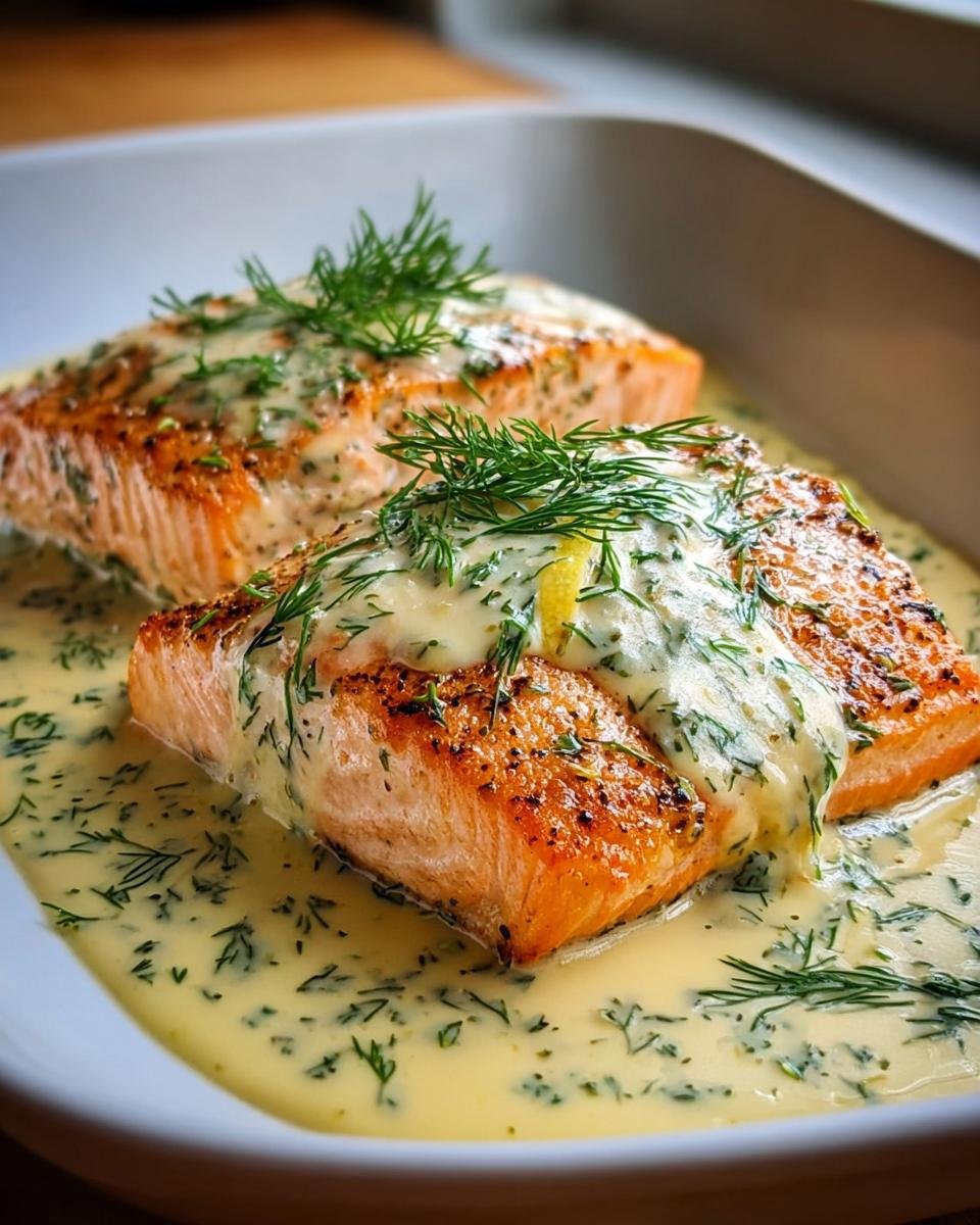 Zwei perfekt gegarte Lachsfilets bedeckt mit cremiger Zitronen-Dill-Sauce, dem Lachs aus dem Ofen mit Zitronen-Dill-Sauce.