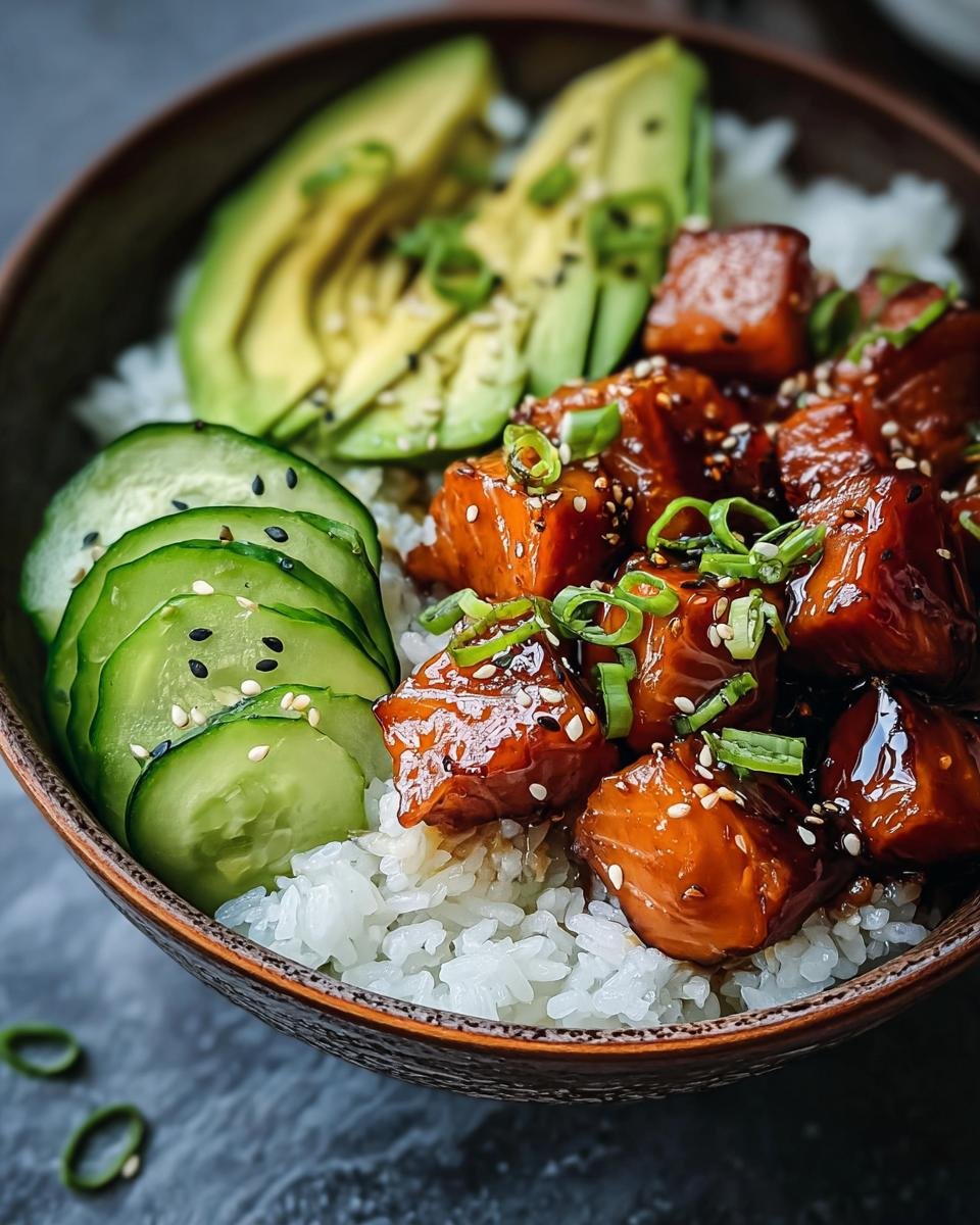 Nahaufnahme einer köstlichen Lachs-Teriyaki-Bowl mit Reis, glasierten Lachs-Würfeln, Avocado und Gurkenscheiben.