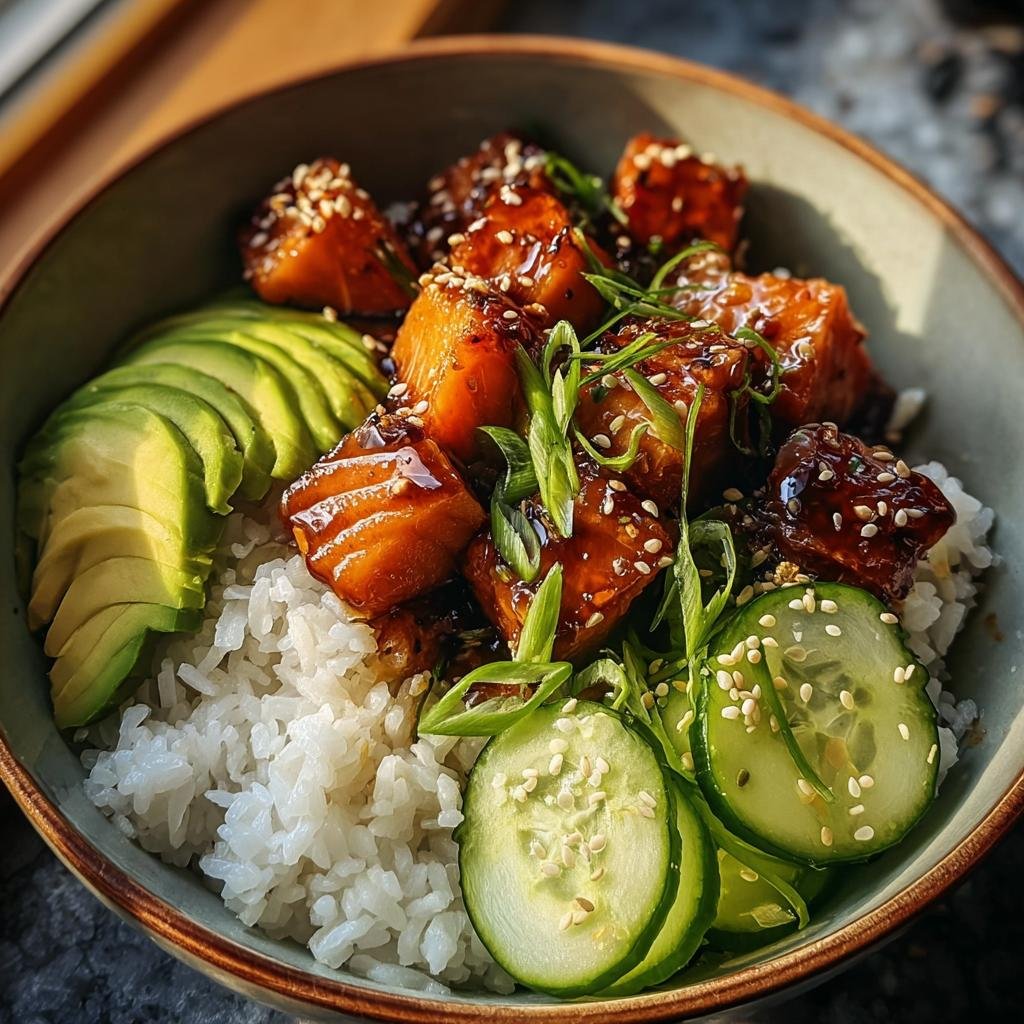 Nahaufnahme einer Lachs-Teriyaki-Bowl mit glasierten Lachs-Würfeln, Reis, Avocado und Gurkenscheiben.