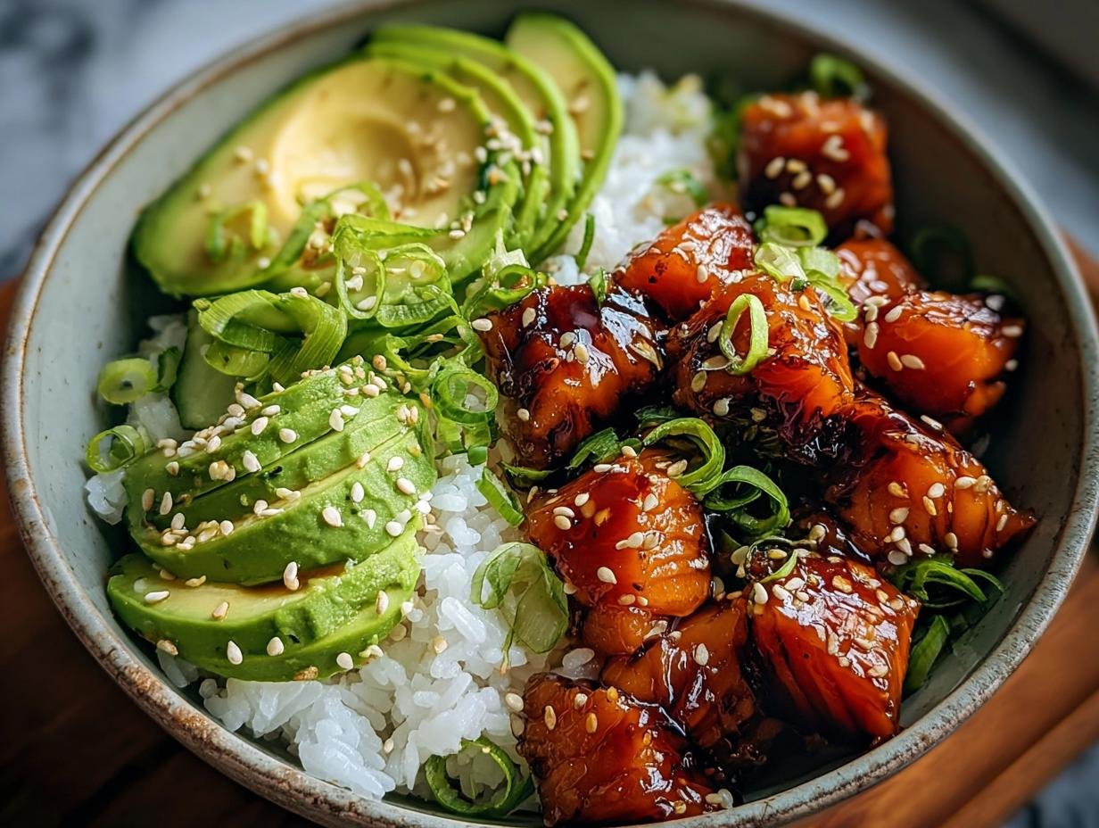 Nahaufnahme einer Schüssel mit Lachs-Teriyaki-Bowl mit Reis, Avocado und Gurkenstücken, bestreut mit Sesam.