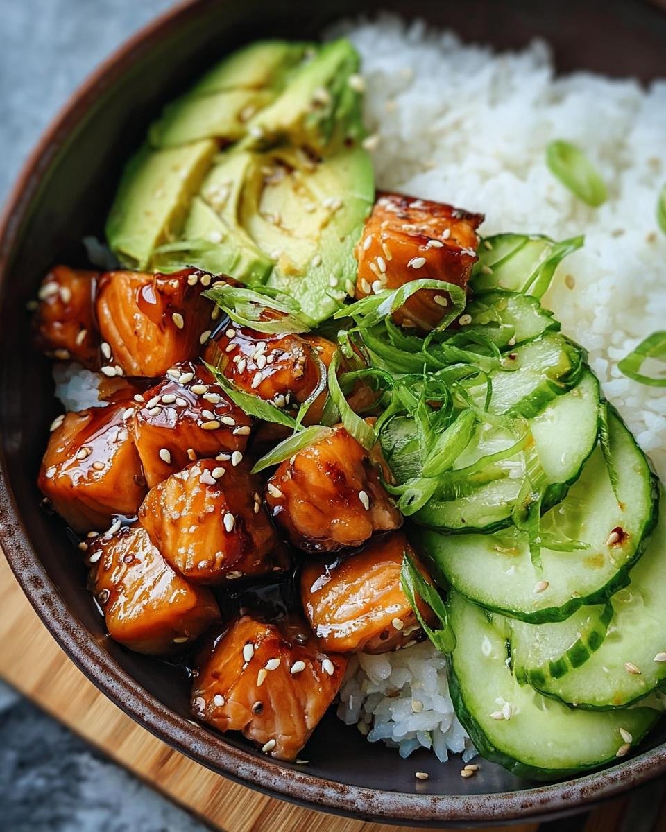 Nahaufnahme einer Lachs-Teriyaki-Bowl mit glasierten Lachs-Würfeln, Reis, Avocado und Gurkenscheiben.