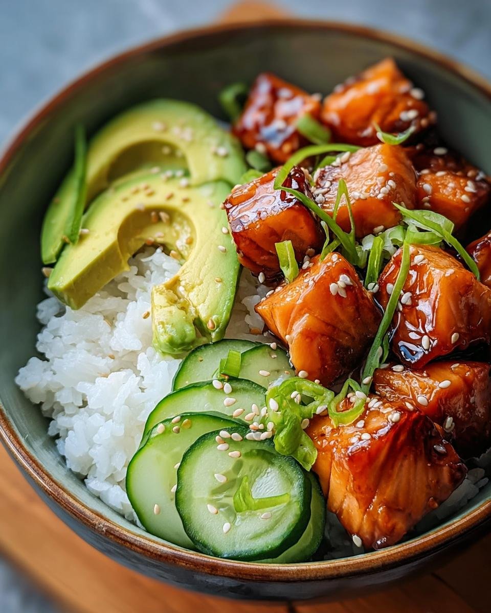 Nahaufnahme einer Lachs-Teriyaki-Bowl mit glasierten Lachs-Würfeln, Reis, Avocado und Gurkenscheiben.