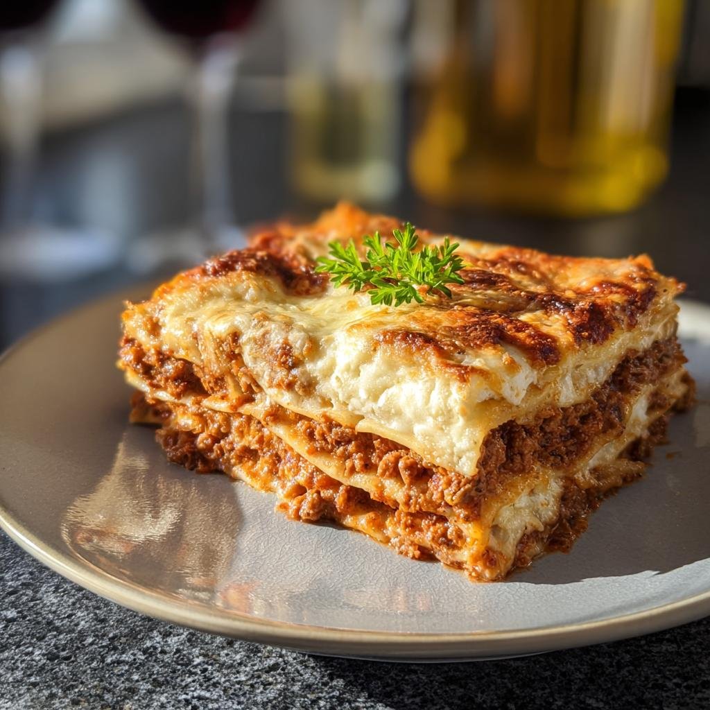 Ein appetitliches Stück Lasagne schnell vom Blech mit Fleischsauce und Käse überbacken, garniert mit Petersilie.