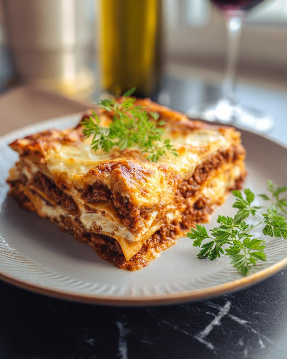 Eine köstliche Portion Lasagne schnell vom Blech, garniert mit frischer Petersilie auf einem Teller.