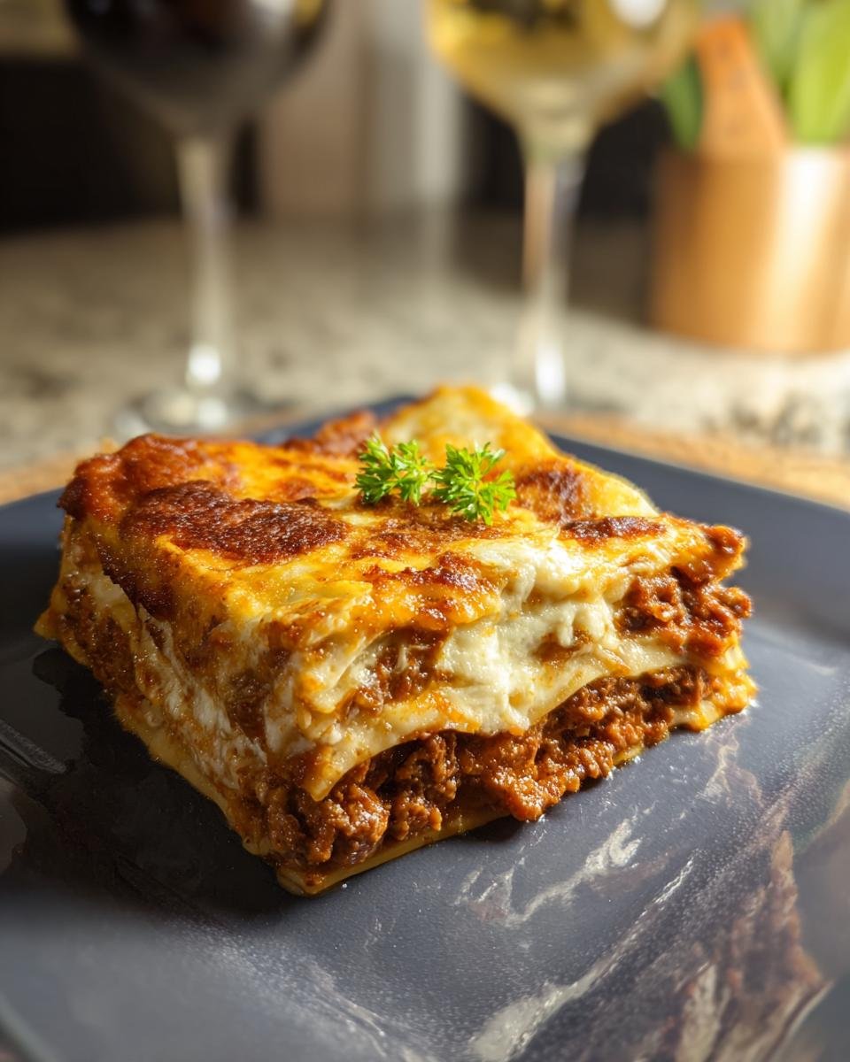 Ein appetitliches Stück Lasagne schnell vom Blech mit reichlich Bolognese und Käse, garniert mit Petersilie.