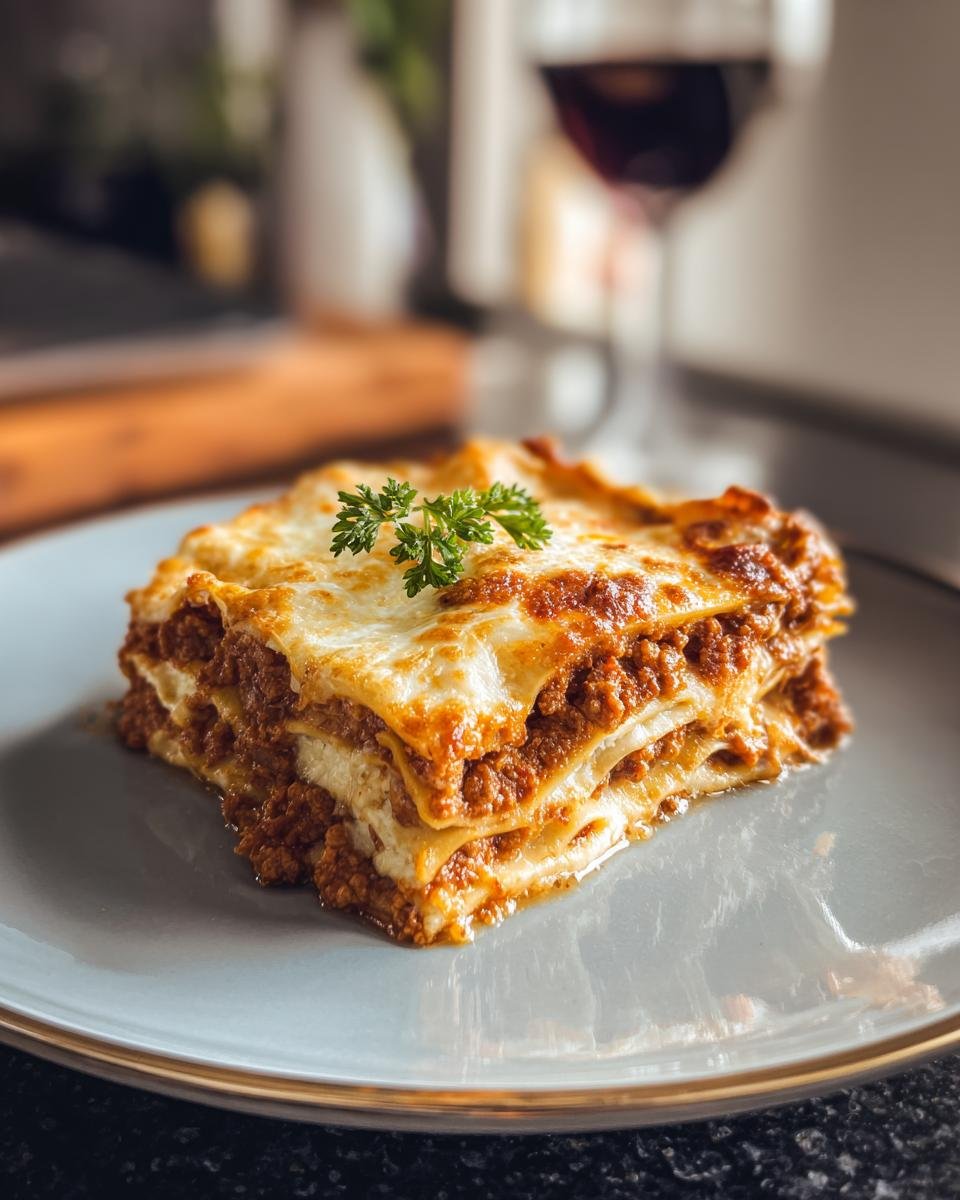 Ein saftiges Stück Lasagne schnell vom Blech, garniert mit Petersilie, auf einem grauen Teller.