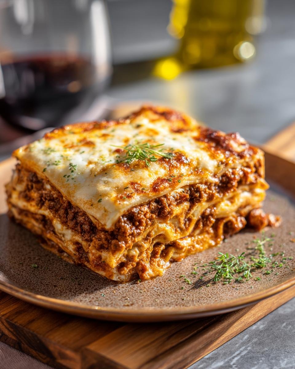 Ein saftiges Stück Lasagne schnell vom Blech mit Fleischsauce und Käse überbacken auf einem Teller.