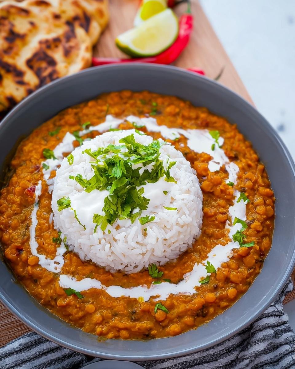 Nahaufnahme von cremigem Linsen-Dal mit Reis und Joghurt-Swirl, garniert mit Koriander.