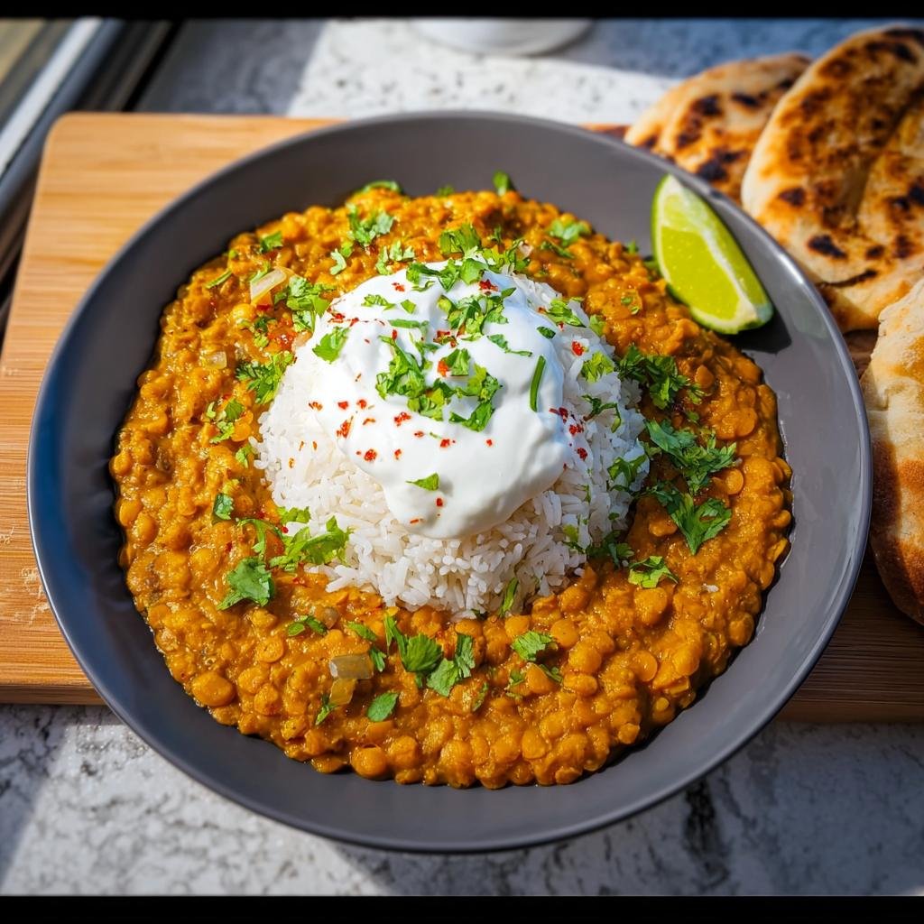 Eine Schüssel mit cremigem Linsen-Dal mit Reis & Joghurt, garniert mit Koriander und einer Limettenspalte.