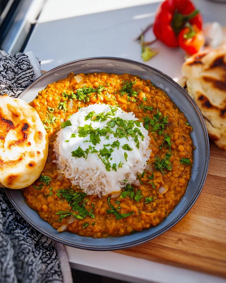 Teller mit cremigem Linsen-Dal mit Reis & Joghurt, garniert mit Petersilie und Naan-Brot.