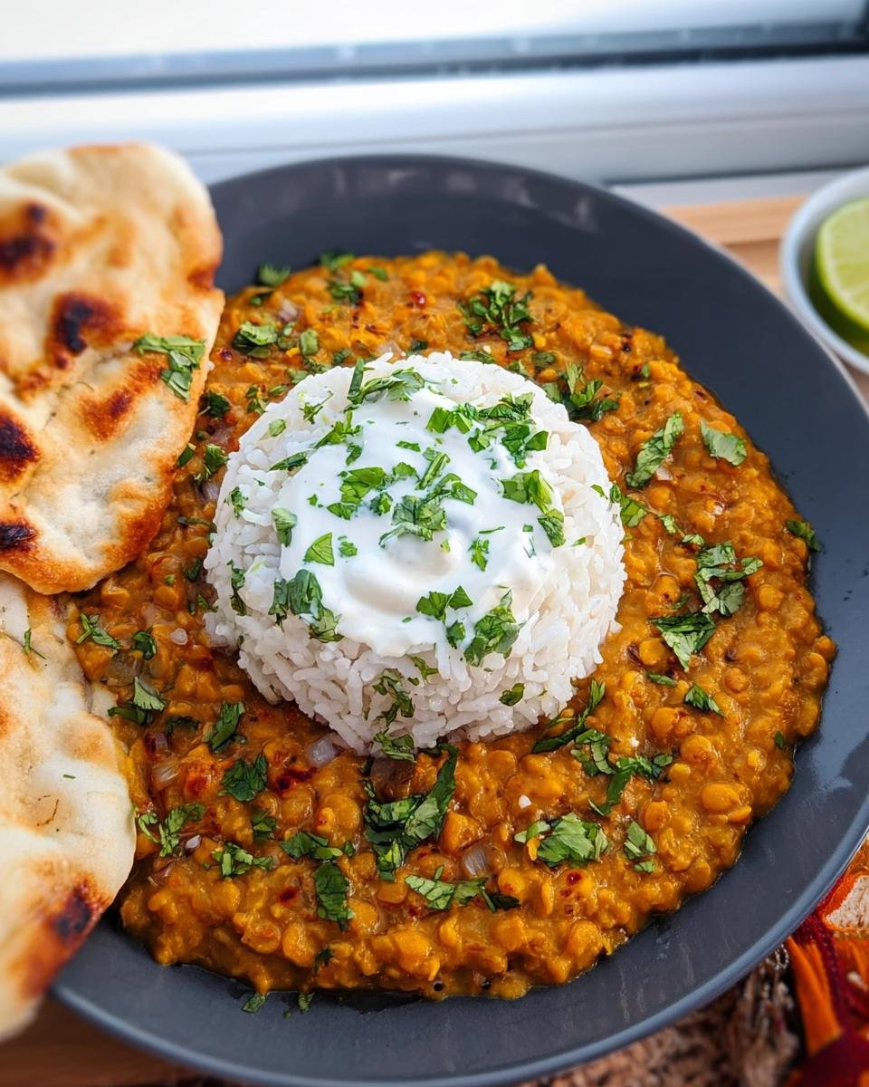 Ein Teller mit cremigem Linsen-Dal mit Reis und einem Klecks Joghurt, garniert mit Koriander, serviert mit Naanbrot.