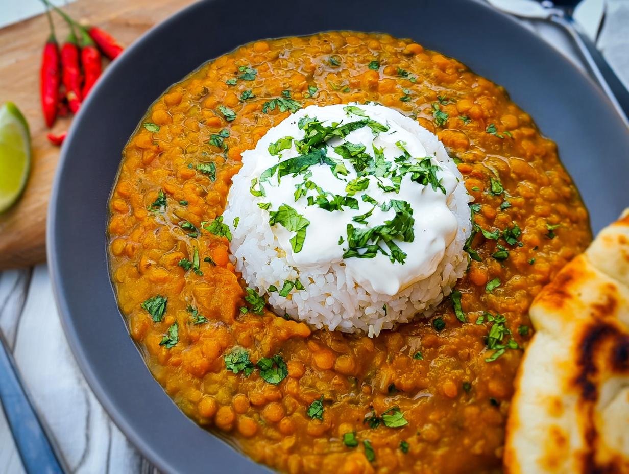 Nahaufnahme eines cremigen Linsen-Dal mit Reis und einem Klecks Joghurt, garniert mit Kräutern.