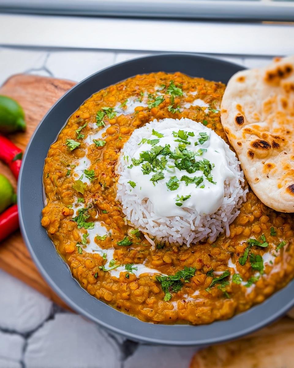 Nahaufnahme von cremigem Linsen-Dal mit Reis, Joghurt-Topping und Naan-Brot – perfektes Linsen-Dal mit Reis & Joghurt.
