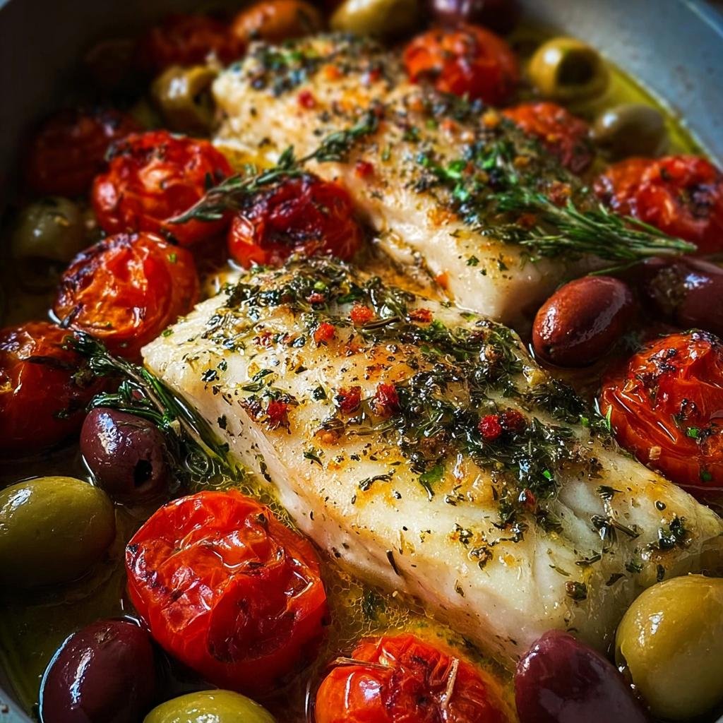 Zwei Filets der Mediterrane Fischpfanne mit Kräutern, umgeben von gebackenen Kirschtomaten und Oliven.