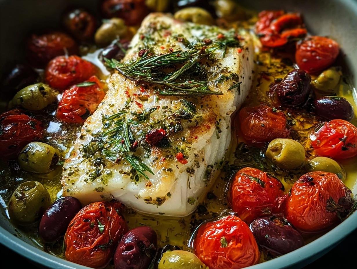 Nahaufnahme einer saftigen Mediterrane Fischpfanne mit Kräutern, umgeben von Oliven und gerösteten Kirschtomaten in Öl.