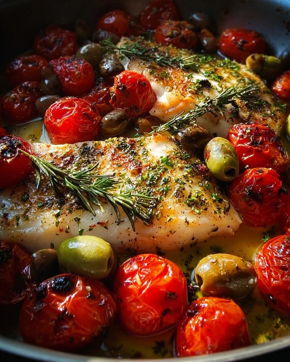 Nahaufnahme der Mediterrane Fischpfanne mit Kräutern, mit gebratenem Fischfilet, gerösteten Kirschtomaten und Oliven.