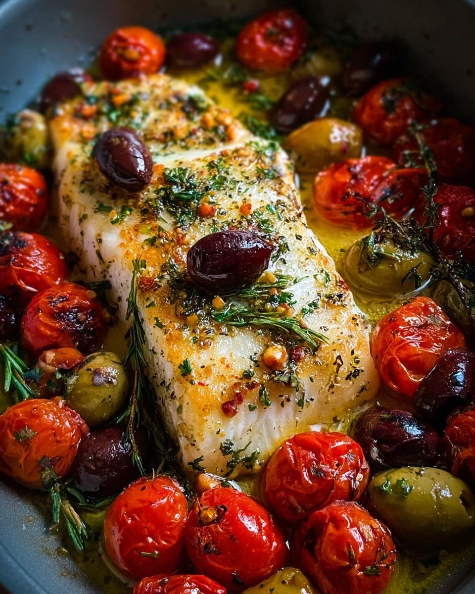 Nahaufnahme eines perfekt gegarten Stücks Fisch in der Mediterrane Fischpfanne mit Kräutern, umgeben von Oliven und Kirschtomaten.