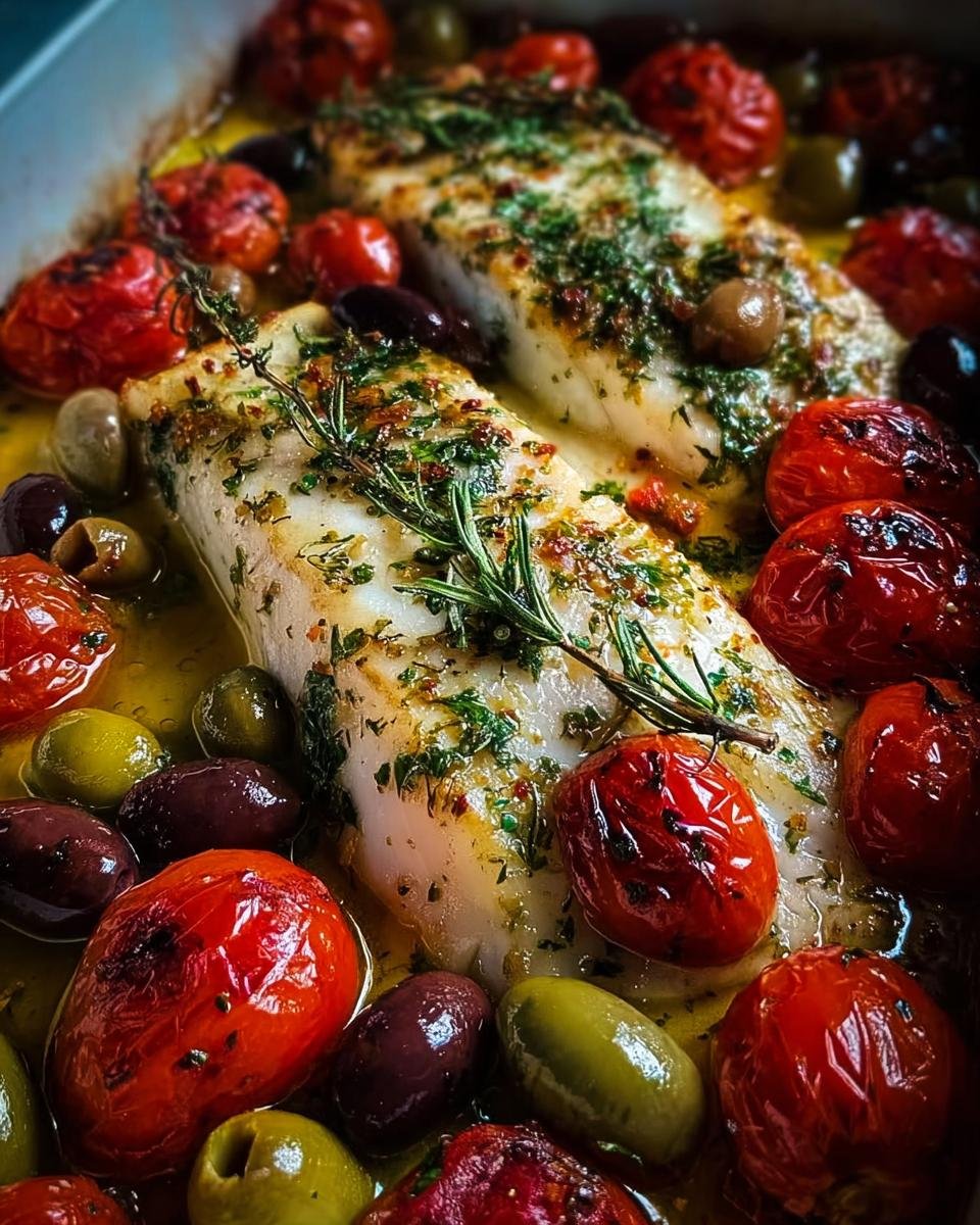 Zwei Filets der Mediterrane Fischpfanne mit Kräutern, umgeben von gebackenen Kirschtomaten und Oliven.