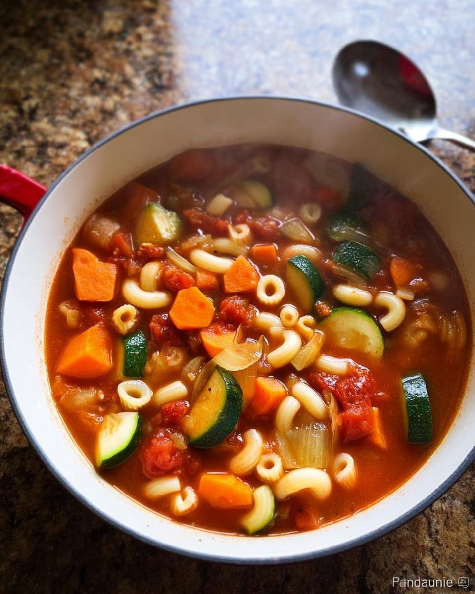 Nahaufnahme einer dampfenden Schüssel Minestrone – italienische Gemüsesuppe mit Karotten, Zucchini und Nudeln.