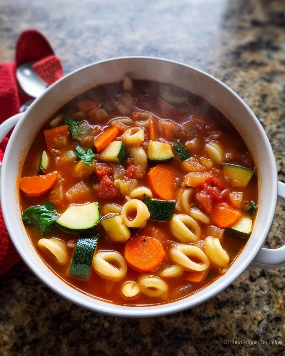 Nahaufnahme einer dampfenden Schüssel Minestrone – italienische Gemüsesuppe mit Karotten, Zucchini und Nudeln.