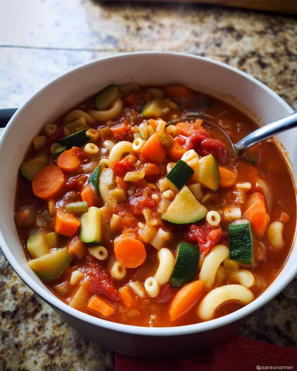 Nahaufnahme einer Schüssel mit herzhafter Minestrone – italienische Gemüsesuppe, gefüllt mit Karotten, Zucchini und Nudeln.